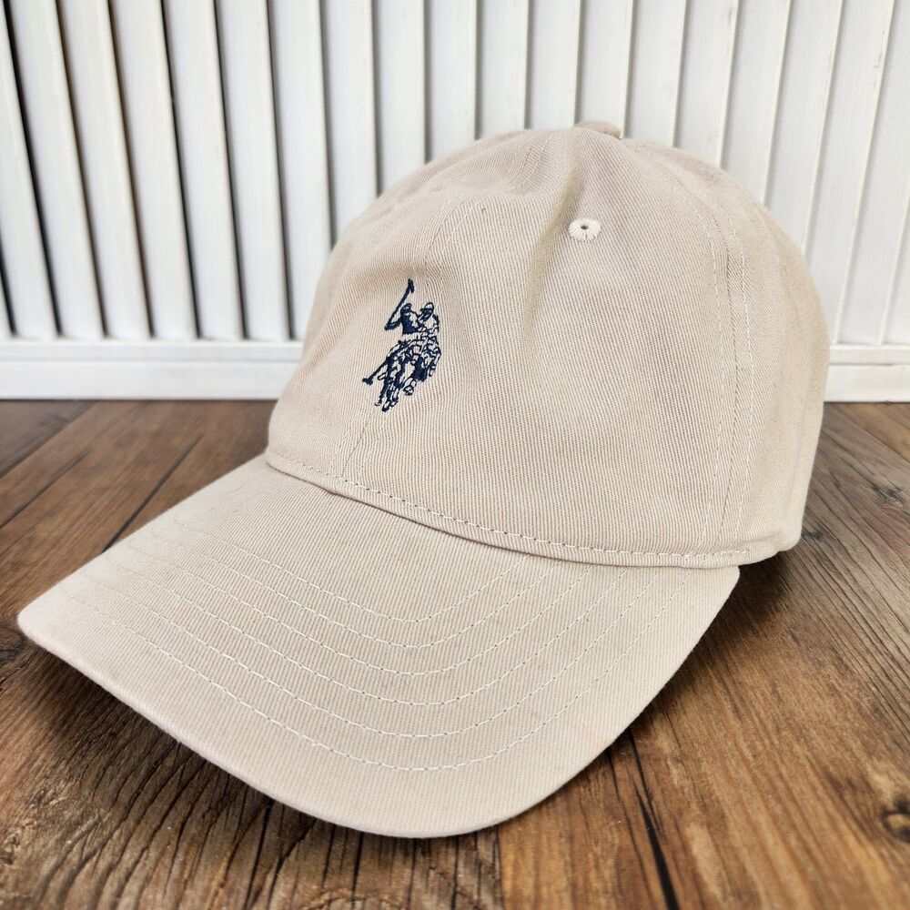 US Polo Assn Dad Hat Beige Embroidered Double Horseman Strapback Baseball Cap